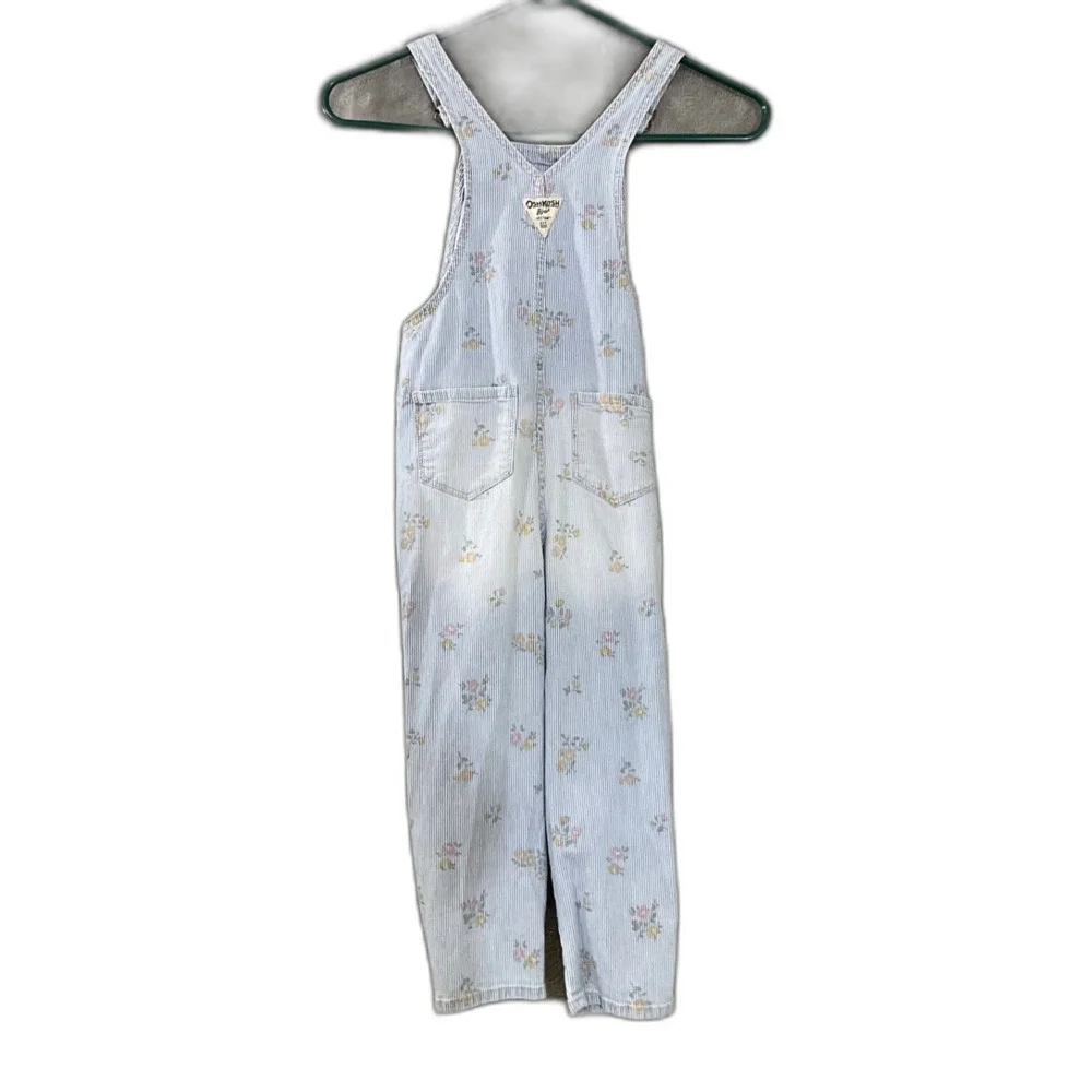 Oshkosh Floral stripes Print Denim Bib Girls Overalls Size 5T * faded pockets